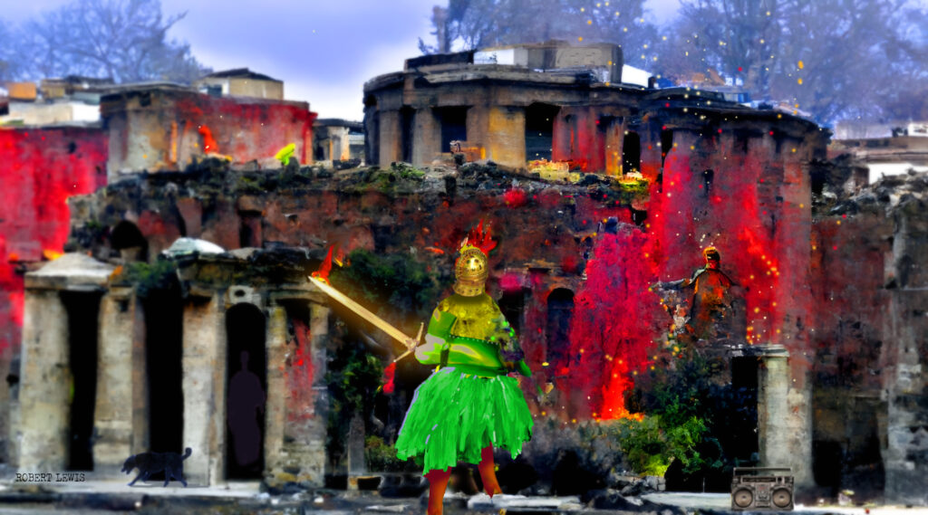 #1 (Burning Statue), digital collage by Robert Lewis